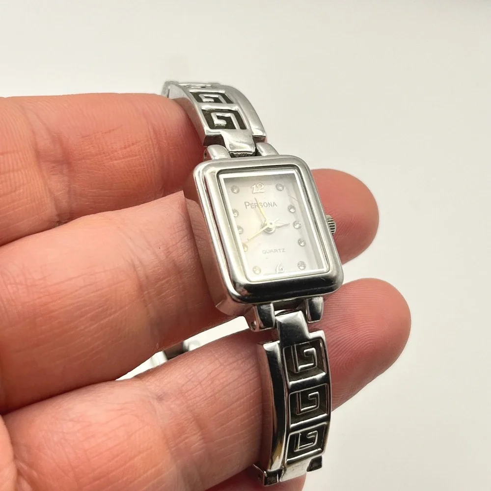 Persona Silver Tone Greek Key Link Bracelet Watch Rectangular Crystal Dial 6in
